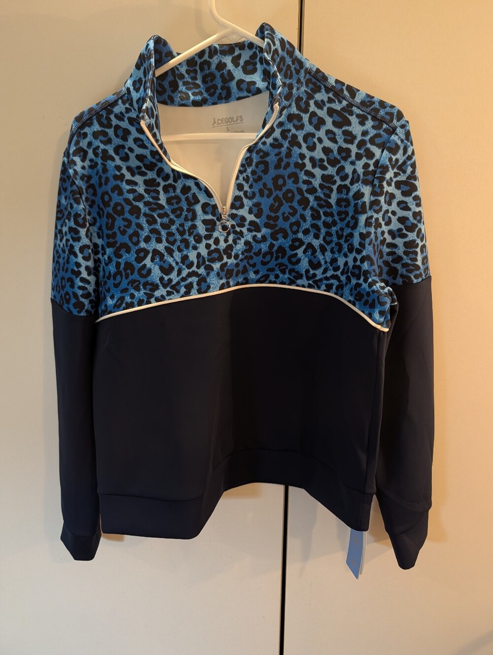 Acegolfs Women's Blue Leopard Quarter-Zip Pullover Jacket L NWT
